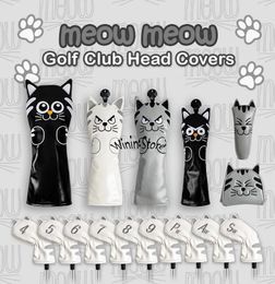 Golf Headcover Cute Cat Club Head Cover for Driver Fairway Hybrid Magnet Putter PU Leather Protector Wood Covers 240122
