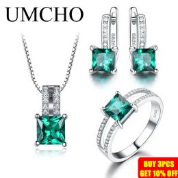 Charm Umcho Genuine Sterling Sier Jewelry Sets for Women Gemstone Emerald Ring Pendant Stud Earrings Wedding Engagement Jewelry