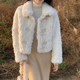 Women's Fur Korean Faux Thicken Short Coats Fashion Elegant Fluffy Outerwear Female Thick Warm Jackets Women Horn Toggle Button Coat
