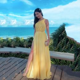 Vintage Long Yellow Evening Dresses One Shoulder Chiffon Sleeveless with Slit A Line Floor Length Custom Made for Women Party Gowns