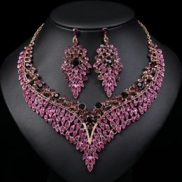 Necklaces Luxury Exquisite Purple Crystal Water Drop Wedding Stud Earrings Choker Necklace For Women Bridal Jewelry Sets Party Accessories