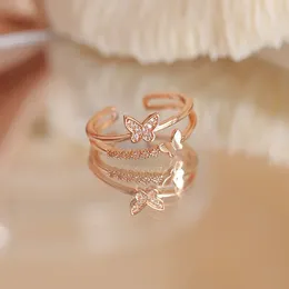 Cluster Rings Exquisite Double Butterfly Zircon Ring For Women Girl Korean Fashion Gold Colour Two Layer Adjustable Open Finger Jewellery