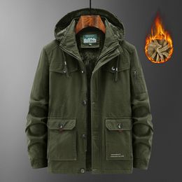 European and American cross-border plus-size cotton jacket hooded multi-pocket fleece jacket for middle-aged men cotton casual warm military jacket