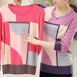 Women's Sweaters Casual Geometric Printed Spliced Female Clothing Contrasting Colours Commute Spring Autumn Round Neck Knitted Jumpers