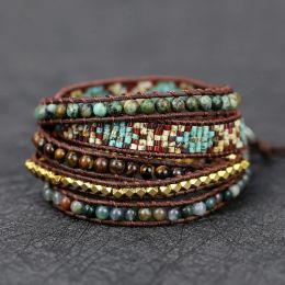 Bracelets 2021 High quality lovers Natural Stones 5 Strands Wrap Bracelets friendship luxury glass beads Handmade braid Boho Jewellery