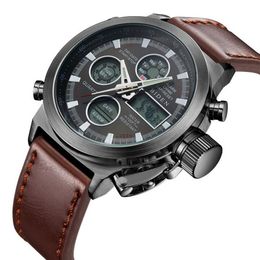 Fashion Brown Leather and nylon Men's Military Watch Waterproof Analogue Digital Sports Watches for Men 2018282t