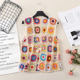 gereedschap High Quality Designer Handmade Crochet Vest Womens Retro Sleeveless Jacket Cardigan Boho Beach Embroidery Waistcoat Coat