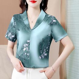 Women's Blouses 2024 Summer Women Tops V-neck Fashion Vintage Floral Printed Blouse Short Sleeve V Neck Satin Shirt