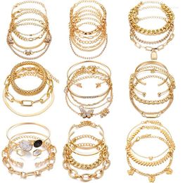 Charm Bracelets Boho Gold Chain Set 14K Plated Multiple Layered Stackable Open Cuff Wrap Bangle Link Cuban Jewelry For Women Girl