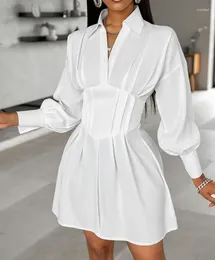 Casual Dresses Elegant Women's White Shirt Dress 2024 Spring Fashion Turn-Down Collar Ruched Lantern Sleeve Mini
