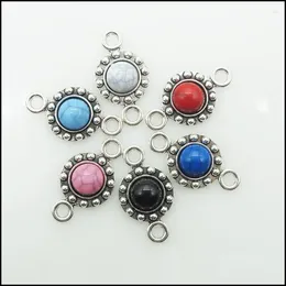Charms 18 Round Mixed Acrylic Tibetan Silver Plated Sun Flower Pendants Connectors 14x25mm
