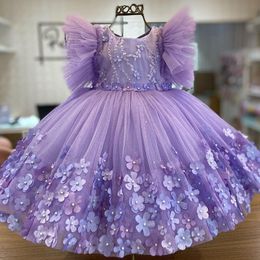 2024 Graceful Purple Ball Gown Flower Girl Dresses For Wedding New Pearls Beaded Flowers Tulle Toddler Pageant Gowns Handmade Baby First Holy Communion Dress