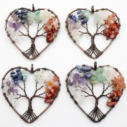 Rings New Mixed Natural Stone Heart Shaped Life Tree Ancient Copper Wire Wrapped Pendant 50mm for Jewellery Making Wholesale 6pcs/lot