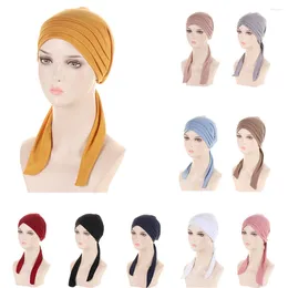 Ethnic Clothing Women Pleated Chemo Cap Muslim Inner Hijab Hat Pre-Tied Turban Long Tail Headscarf Bonnet Bandanas Hair Loss Wrap Turbante