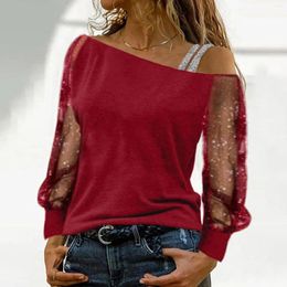 Women's Blouses Sequin Mesh Cold Shoulder Blouse Tops Splice Shirts Long Sleeves Loose Women Casual Shiny Glitter Clothing Tunic