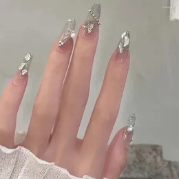False Nails Wearing A Mid To Long Pure Butterfly Diamond Nail Patch That Showcases White And Spicy Girl Enhancement Patches