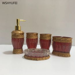 Sets 5Pcs Retro red palace Roman holiday resin bathroom kit soap liquid soap dish toothbrush holder cup home hotel bathroom storage