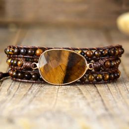 Bracelets Creative Mans Woman Tiger Eye Big Center Stone Wristband Vegan Wrap Bracelet Handmade Girls Spiritual Anxiety Jewelry