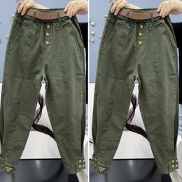 Women's Pants Solid Colour Women Thick Warm Harem Elastic Waistband Belt Pockets Cargo Trousers Casual