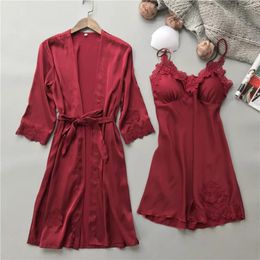 Women's Sleepwear Lingerie Women Silk Lace Robe Dress Nightdress Kimono Set Rose For Nightgown Bathrobe Ropa De Mujer