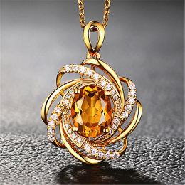 Necklace 2 carats yellow crystal citrine gemstones diamonds pendant necklaces for women gold tone choker chain jewelry bijoux bague gifts