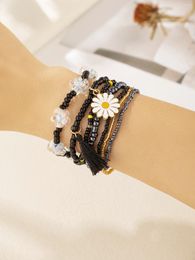 Strand 7 Glass Rice Bead Alloy White Small Daisy Hanging With Black Beaded Bracelet Set