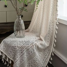 Curtain Beige Linen Lace Curtain Crochet Hook Translucent Retro Hollow Tassel Blackout Bedroom Balcony Window Curtains for Living Room 240119