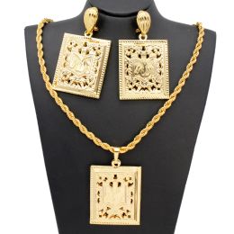 Charm African Jewelry Sets Rectangle Religious Gulan Scripture Pendant Earrings Set Gold Plated Dubai Bride Necklace Jewellery