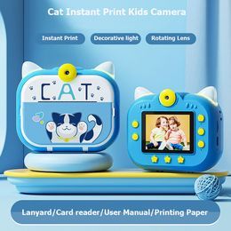 48M Pixels Cartoon Cat Kids Camera Instant Print 1080P Toddler Digital Camera with Zero Ink Print Paper Christmas Birthday Kids Camera Toy for 3-12 Years Old Kids