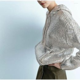 Women's Hoodies Autumn Winter Glossy Silver Shiny Hoodie Sweater Women Long Sleeves Knitted Warm Pullovers Tops Jumpers