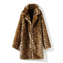 Women's Fur S-4XL Winter Warm Open Stitch Turn-Down Neck Loose Plush Jacket Women Faux Leopard Cardigan Ladies Thick Long Coat