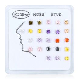 Jewellery 24pcs/pack Inlaid Squre Colourful shiny cz zircon 925 sterling silver nose studs 3mm women men Geometric nose piercing Jewellery