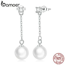 Earrings Bamoer Genuine 925 Sterling Silver Simple Shell Bead Drop Earrings for Women Luxury Brand Earrings Fine Jewelry Party Wear Gift