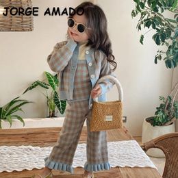 Clothing Sets Spring Autumn Long Sleeves Single Breasted Blue Plaid Sweater Coat Sling Overalls Knitwear Top For Kids Girl H34170