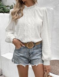 Women's Blouses White Lace Patchwork Shirt Blouse Women Spring Fashion Ruffles Neck Lantern Sleeve Shirts For Autumn Chiffon Top Femme