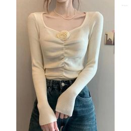 Women's Sweaters Korean Design Sense Flower Square Collar Long Sleeve Knitwear Sweet Girl 2024 Spring Autumn Slim Sweater Temperament Short