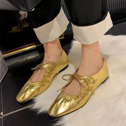 Ballet Flats Women Leather Shoe Narrow Band Silver Bling Gold Round Toe Spring Footwear 240126