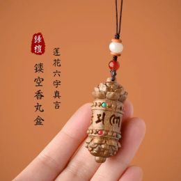 Pendants Green Sandalwood Double Lotus Sixcharacter Mantras Fragrant Pill Box Hollow Can Be Opened Small Medicine Box Key Chain Pendant