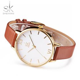 Shengke Brand Women Watches Simple Leather Wristwatch Lady Gold Luxury Dial Watches Mixmatch Relogio Feminino Brown Leather 2017246o