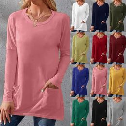 Women's T Shirts Spring Autumn O-Neck Long Sleeve Pocket Solid Loose T-shirts Women Oversized S-5XL Tee Tops ZC364