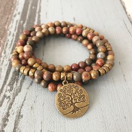 Bracelets 6mm Red Creek Jasper 108 Mala Necklace Stretch Wrap Healing Stone Yoga Energy Tree of life Bracelet