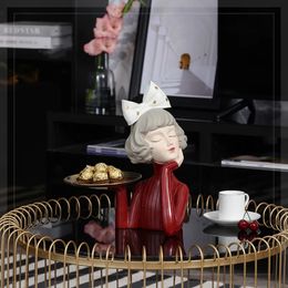 Modern Bow Girl Statue for Entrance Key Storage Tray OrnamentsHome Decor Crafts FigurinesSnacks Candy Storage Tray Gift 240122