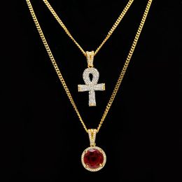 Egyptian Ankh Key of Life Bling Rhinestone Cross Pendant With Round Red Ruby Pendants Necklaces Set Men Hip Hop Jewelry272T