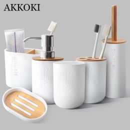 Sets Bamboo Bathroom Accessories Sets Toilet Brush Toothbrush Holder Mouthwash Cup Soap Holder Shampoo Dispenser White Home Container