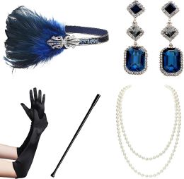 Charm 1920s Flapper Accessories Gatsby Costume Accessories Set 20s Flapper Headband Pearl Necklace Gloves Plastic Holder Earrings