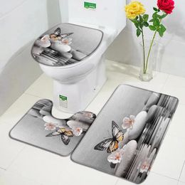 Bath Mats Butterfly Zen Mat Set White Flower Grey Stone Water Nature Scenery Home Carpet Bathroom Decor Non-Slip Rug Toilet Lid Cover