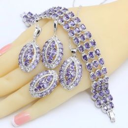 Strands Geometric Purple Zircon Silver Color Jewelry Sets for Women Bracelet Earrings Necklace Pendant Ring Wedding Birthday Gift