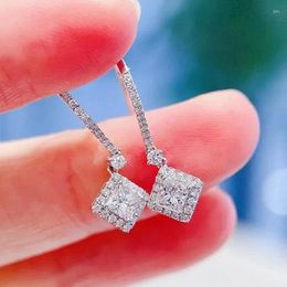 Dangle Earrings Geometric Pendant For Women Silver Colour Luxury Bridal Wedding Brilliant Cubic Zirconia Jewellery