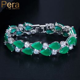 Bracelets Pera Classic Green Water Drop Cubic Zirconia Double Rows Big Wide Round Bracelets Bangles for Women Anniversary Party Gift B159