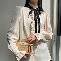 2024 spring Ivory Solid Colour Ribbon Tie Bow Blouse Shirt Long Sleeve Single-Breasted Top Shirts